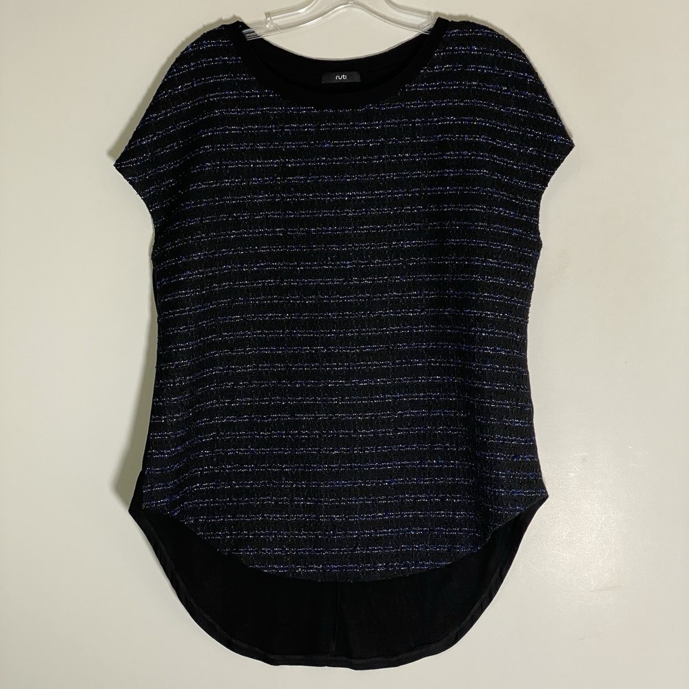 Ruti Top Womens 2 Black Blue‎ Metallic Striped Modern Style Hi Lo Oversized Boho